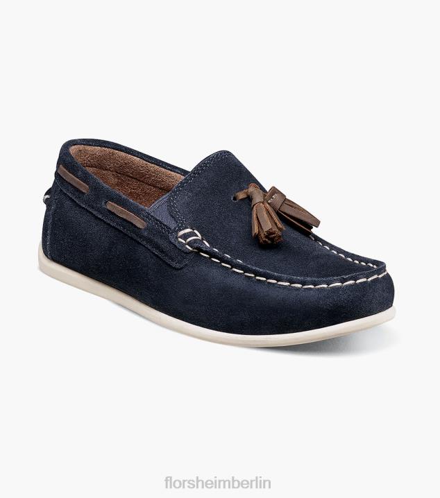 D280476 marineblaues Wildleder Schuhwerk Kinder Florsheim Jasper jr. Moc-Toe-Loafer mit Quasten