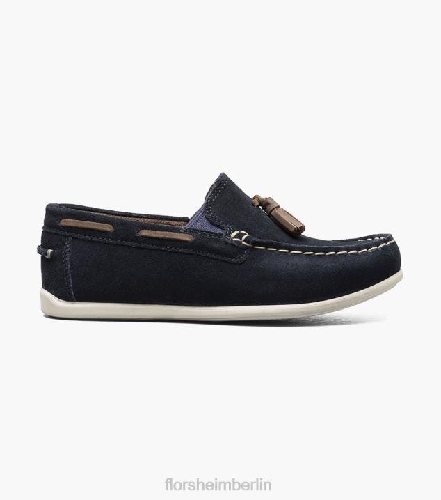 D280476 marineblaues Wildleder Schuhwerk Kinder Florsheim Jasper jr. Moc-Toe-Loafer mit Quasten