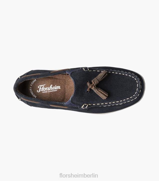 D280476 marineblaues Wildleder Schuhwerk Kinder Florsheim Jasper jr. Moc-Toe-Loafer mit Quasten