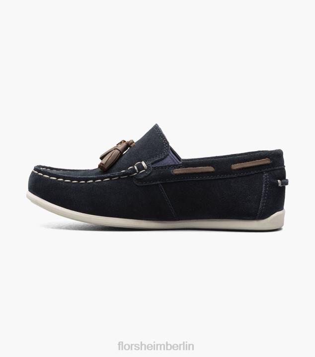 D280476 marineblaues Wildleder Schuhwerk Kinder Florsheim Jasper jr. Moc-Toe-Loafer mit Quasten